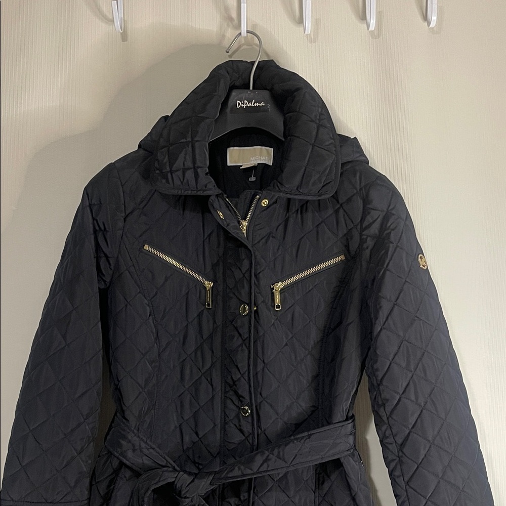 NWOT MICHAEL Michael Kors Black Quilted Trench Coat with Gold Zippers - Picture 3 of 17